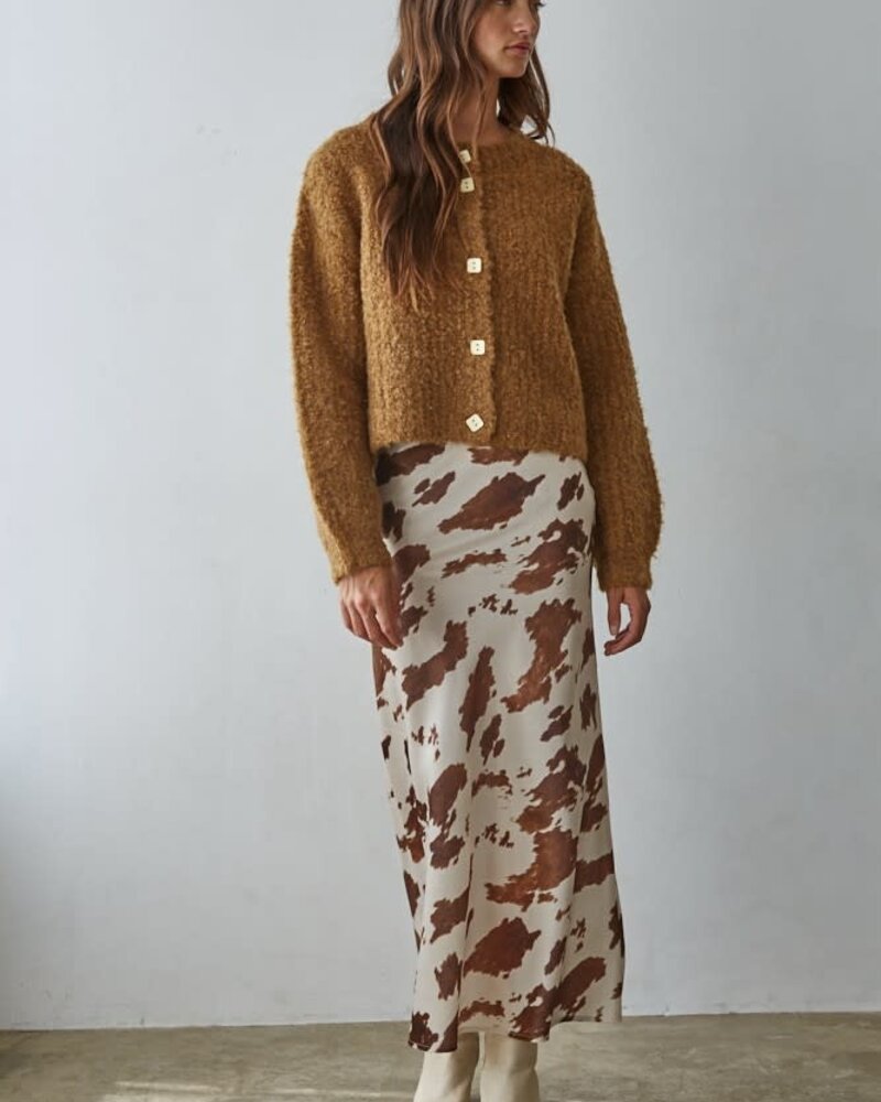 Cow Print Satin Midi Skirt