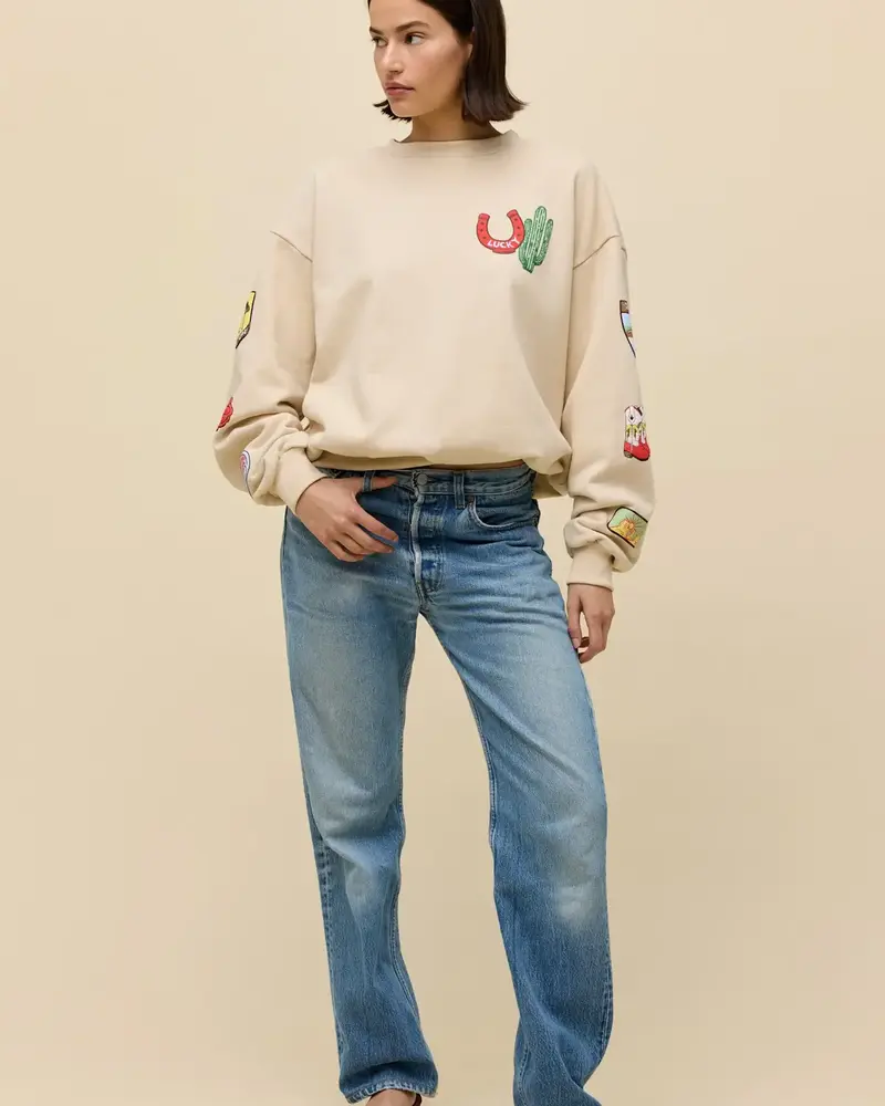 Western Patches Oversized Crew Sweater