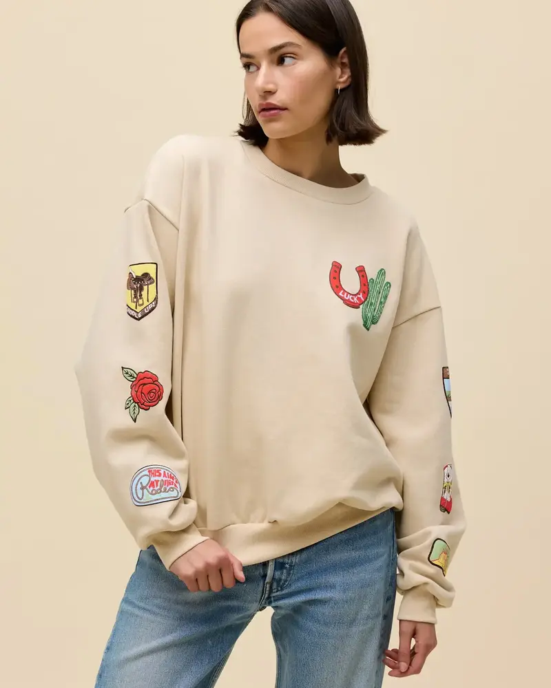 Western Patches Oversized Crew Sweater