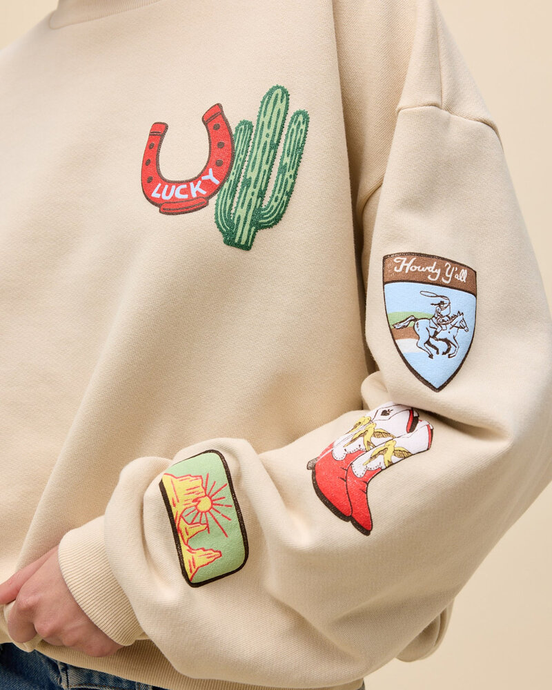 Western Patches Oversized Crew Sweater