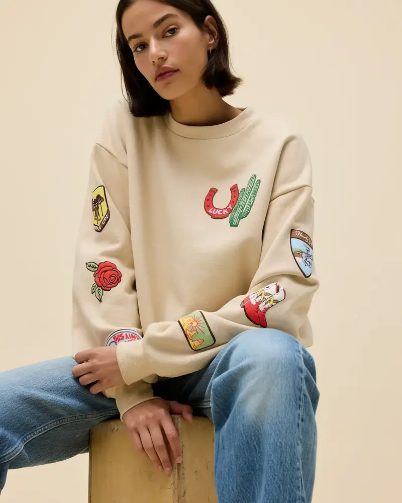 Western Patches Oversized Crew Sweater
