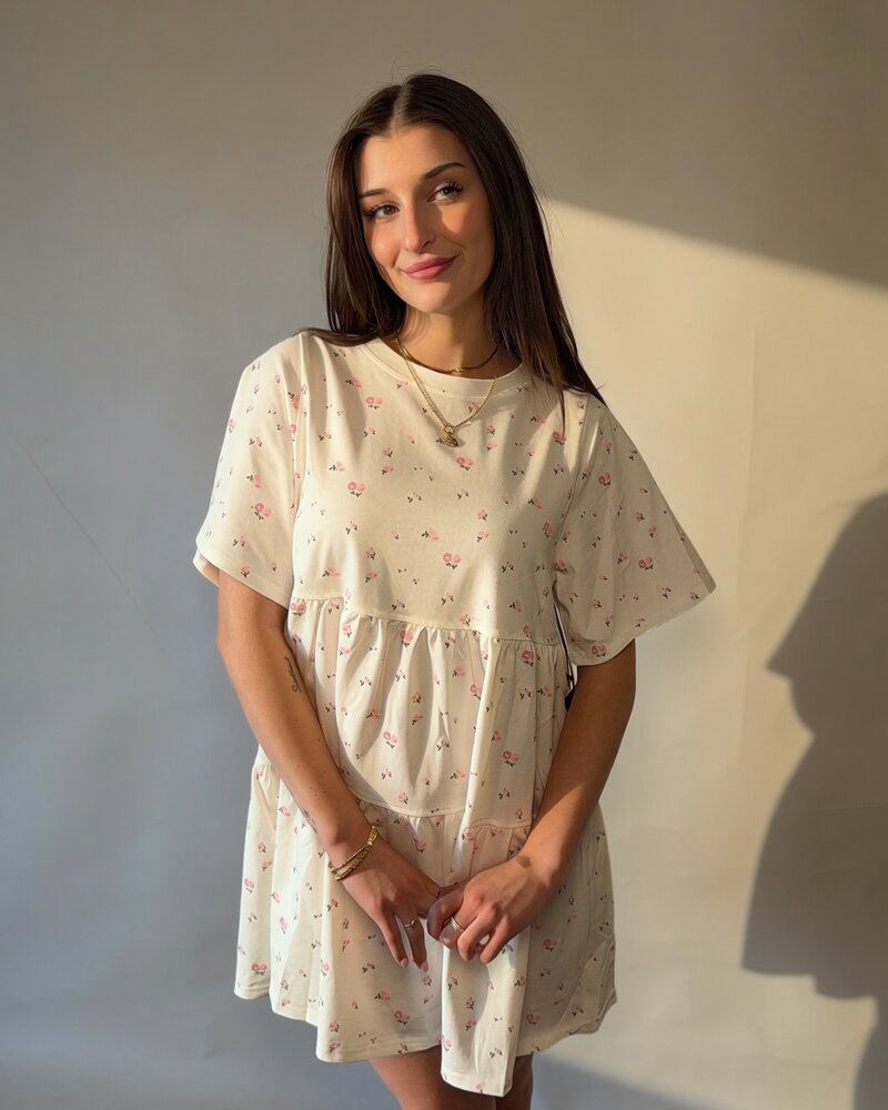 Tiered T-Shirt Dress | Cream/Pink