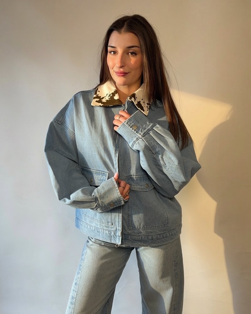 Boxy Denim Cow Print Jacket