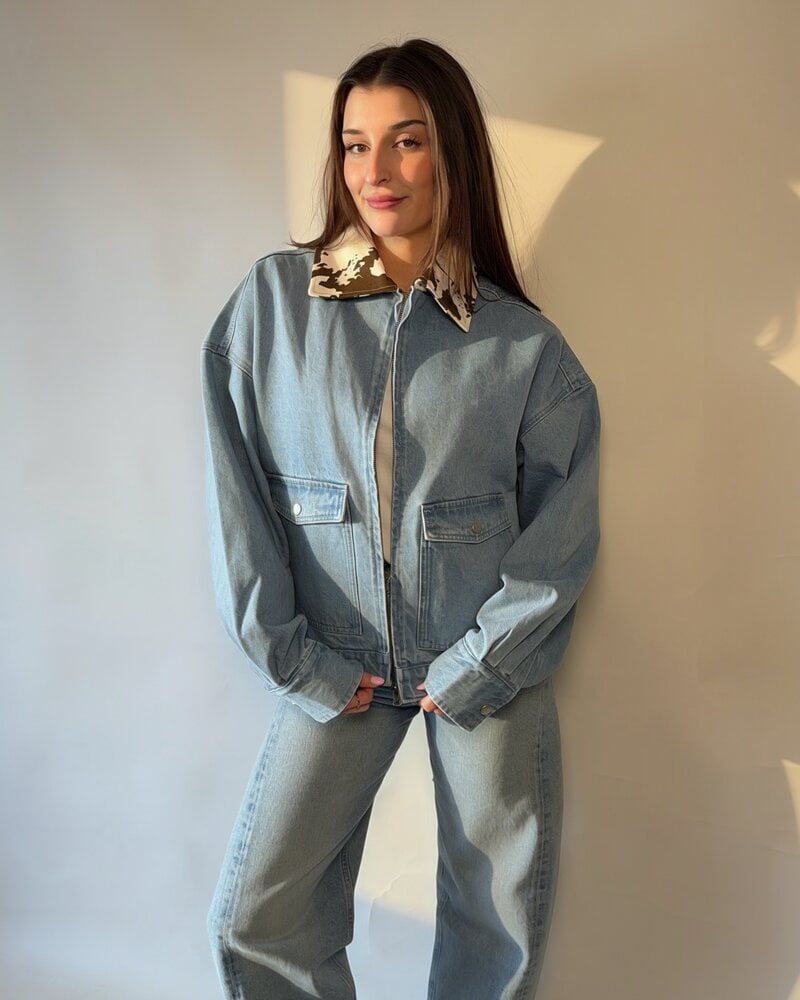 Boxy Denim Cow Print Jacket