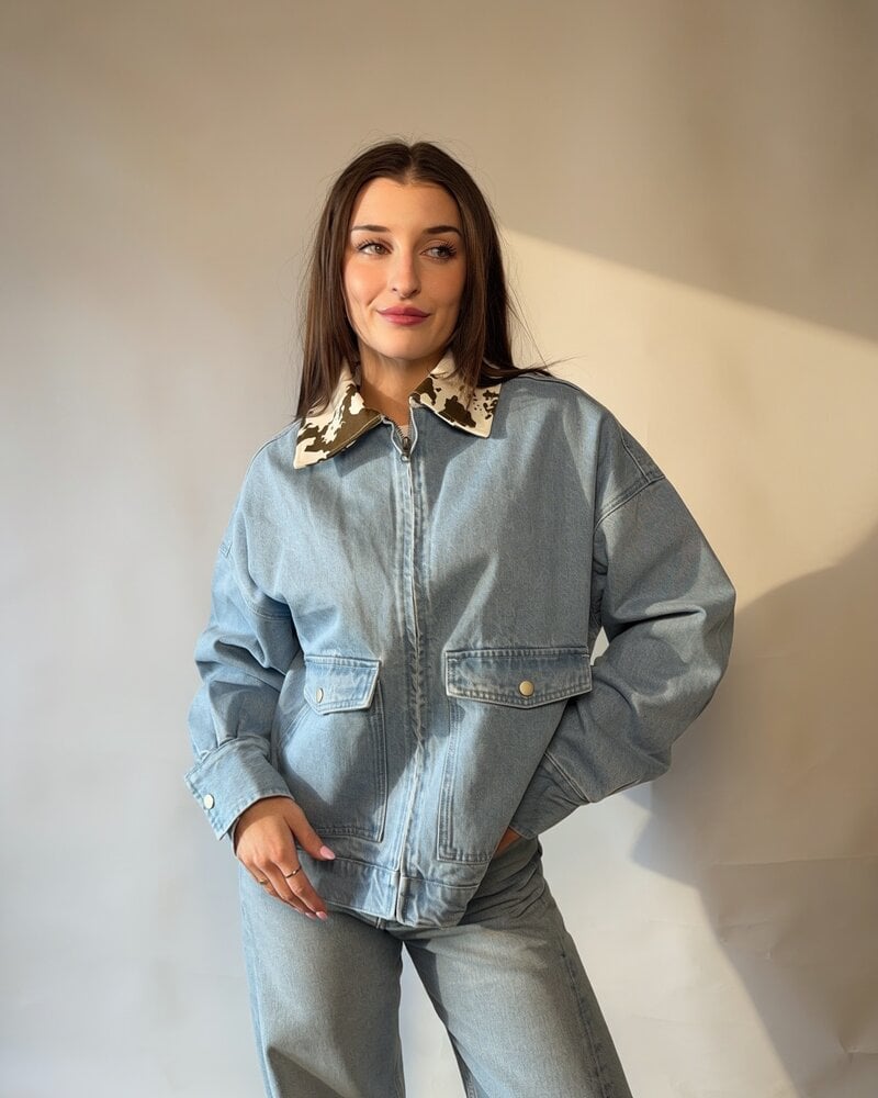 Boxy Denim Cow Print Jacket