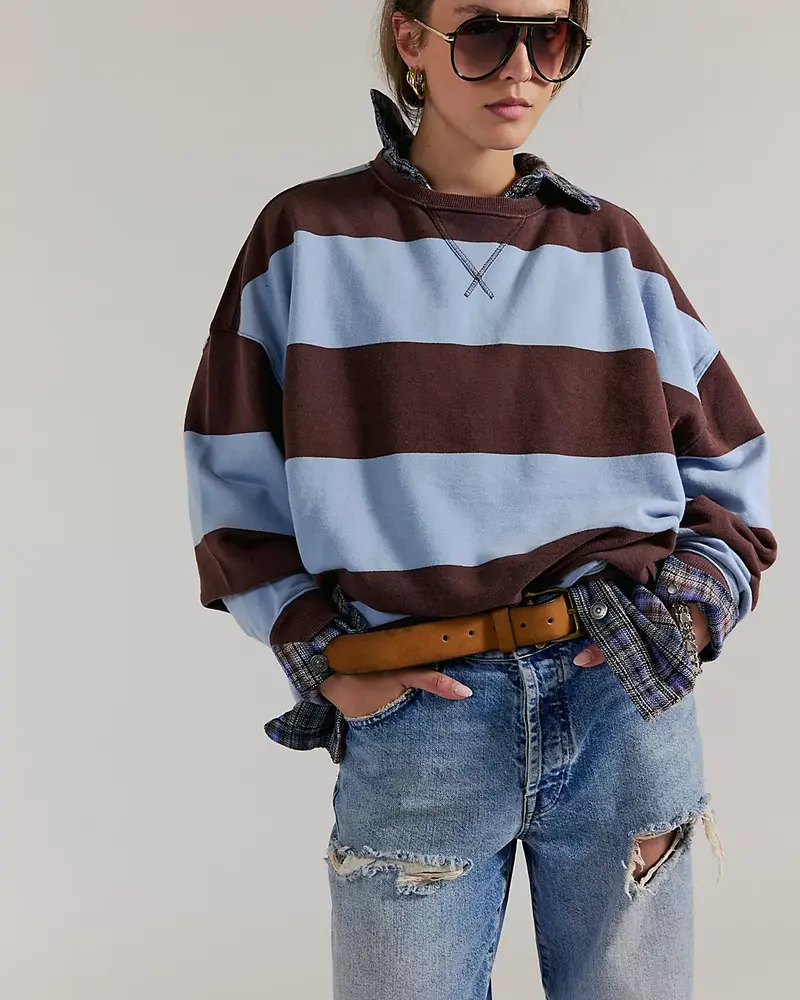 Free People Classic Striped Oversized Crewneck | Periwinkle