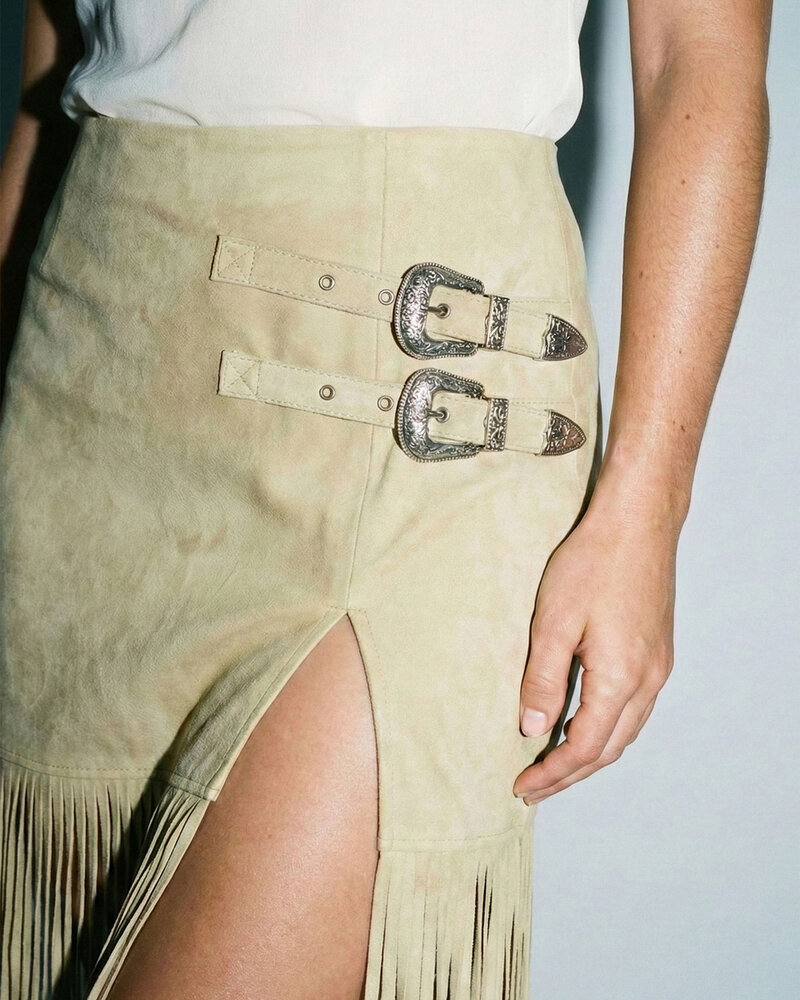 Skylar Suede Fringe Buckle Skirt | Cream
