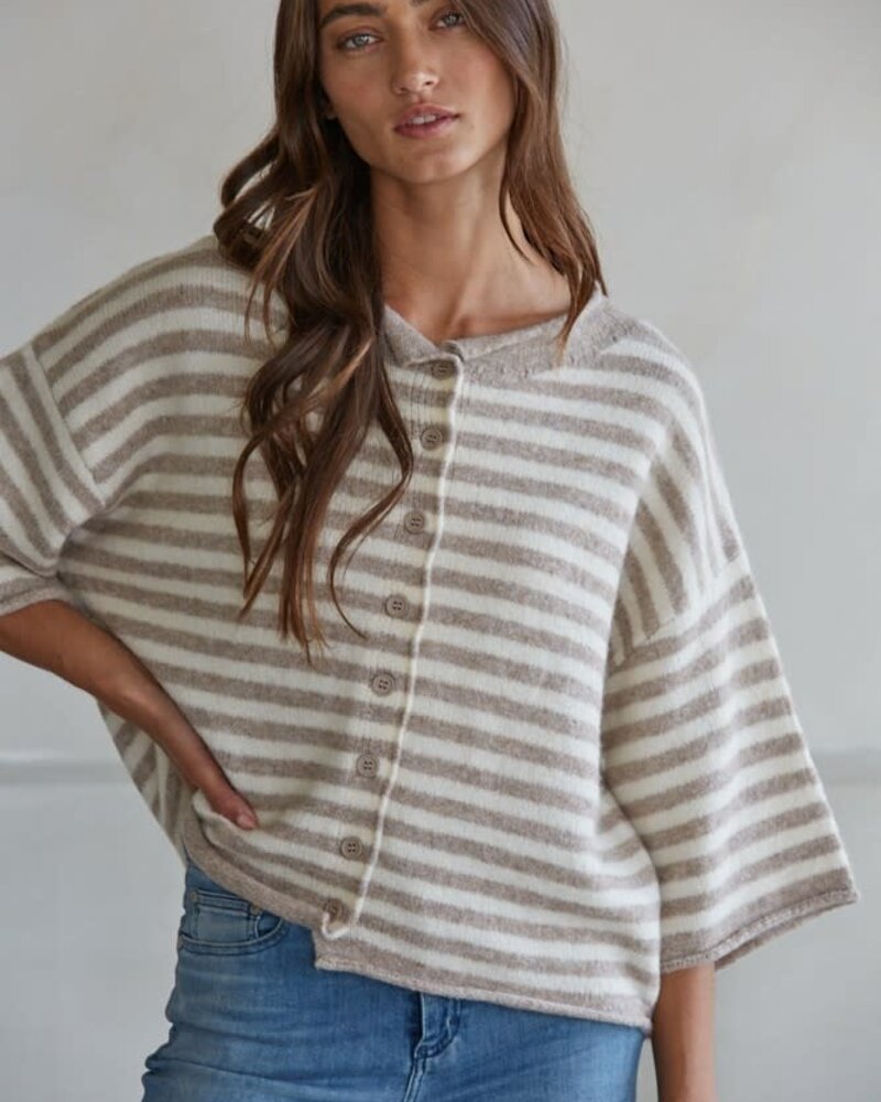 Tobi Knit Cardigan Stripe Top | Taupe