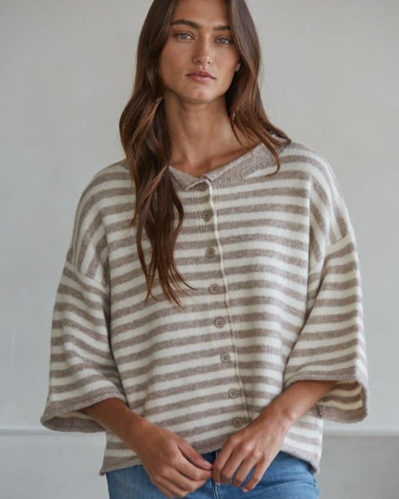 Tobi Knit Cardigan Stripe Top | Taupe