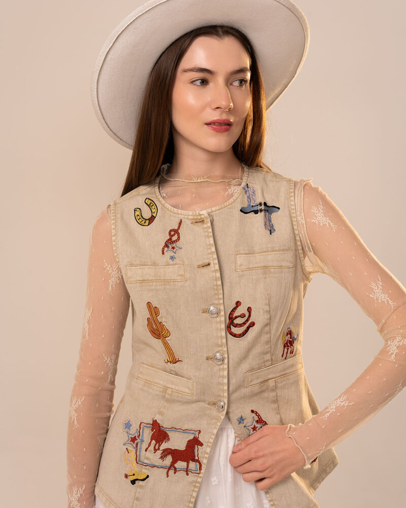 Western Motif Embroidery Denim Vest