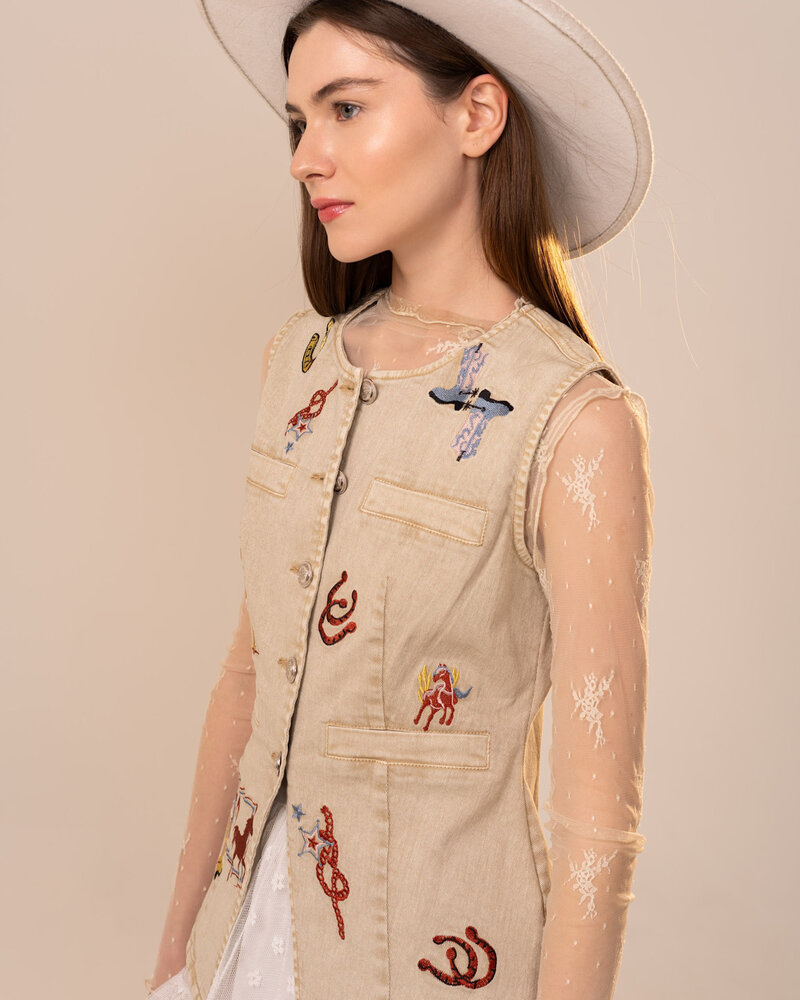 Western Motif Embroidery Denim Vest
