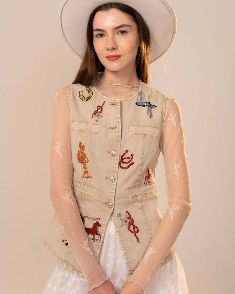 Western Motif Embroidery Denim Vest