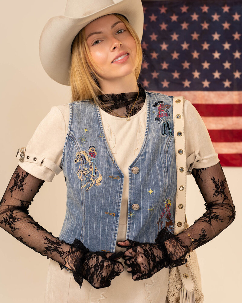 Pinstripe Embroidered Denim Vest
