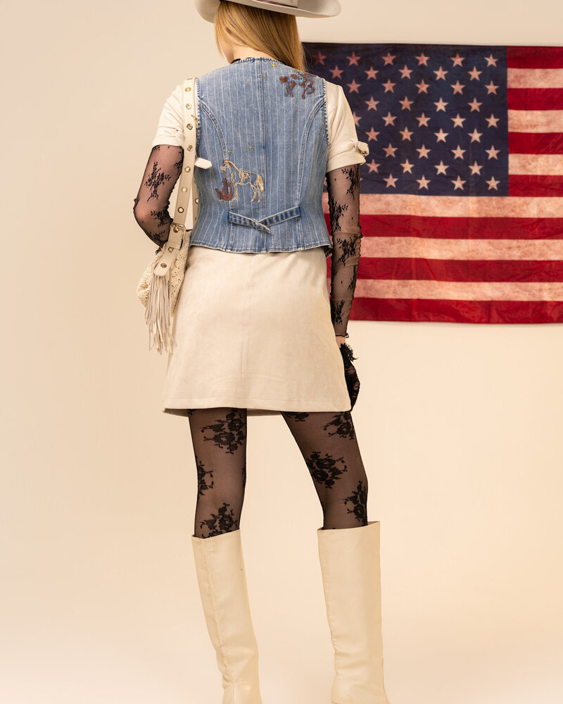 Pinstripe Embroidered Denim Vest