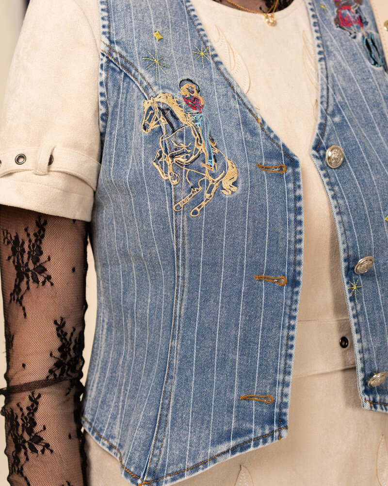 Pinstripe Embroidered Denim Vest