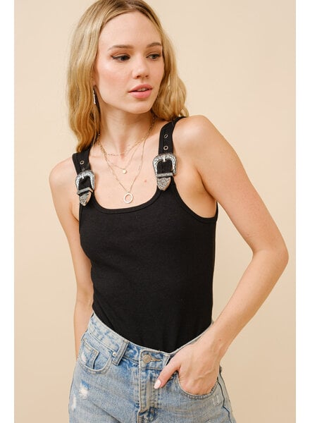 Ribbed Western Buckle Bodysuit | Black