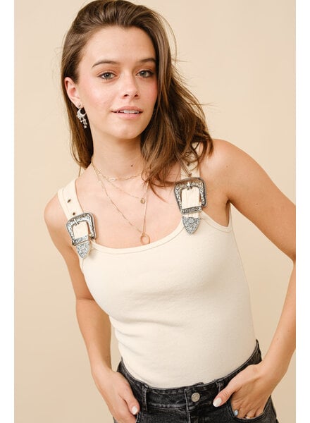 Ribbed Western Buckle Bodysuit | Cream