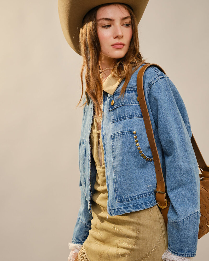 Simone Stud Cropped Denim Jacket