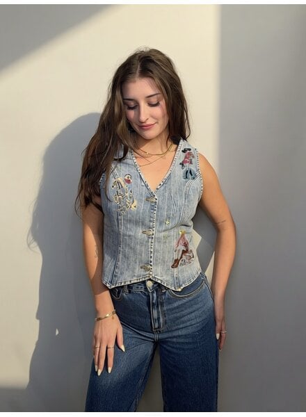 Pinstripe Embroidered Denim Vest