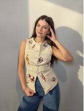 Western Motif Embroidery Denim Vest | Sand