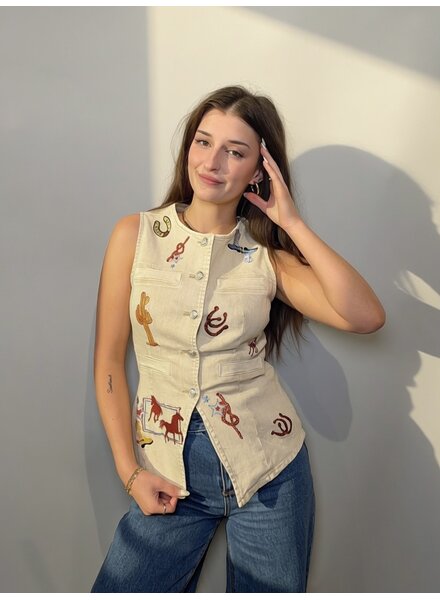Western Motif Embroidery Denim Vest | Sand