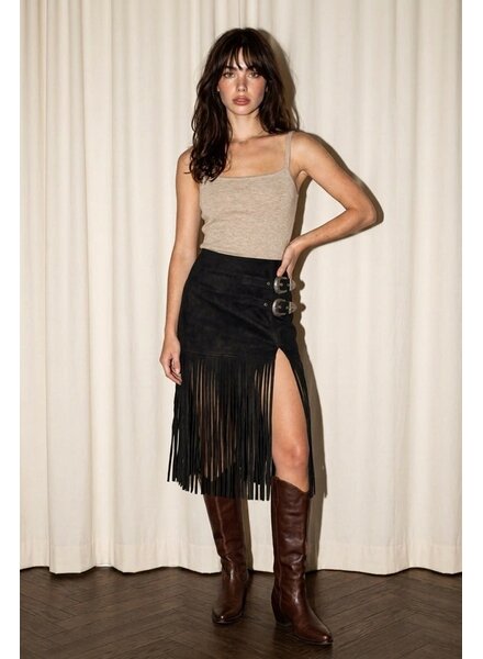 Skylar Suede Fringe Buckle Skirt | Black
