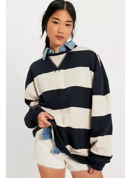 Free People Classic Striped Oversized Crewneck | Black