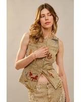 Western Motif Embroidery Denim Vest | Taupe