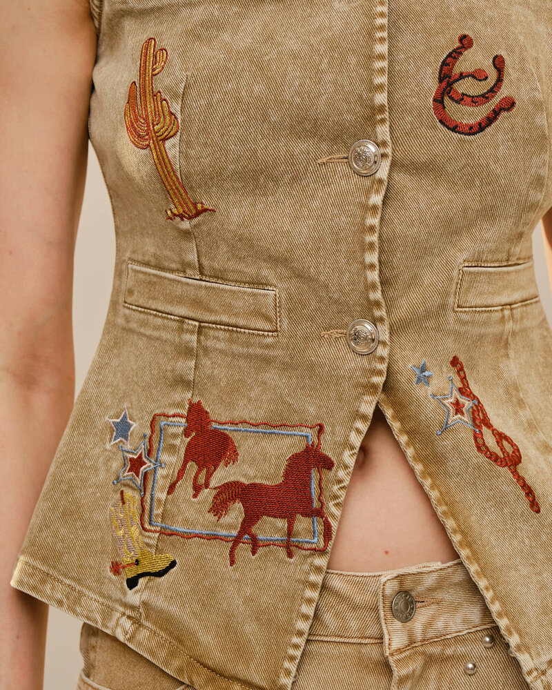 Western Motif Embroidery Denim Vest | Taupe