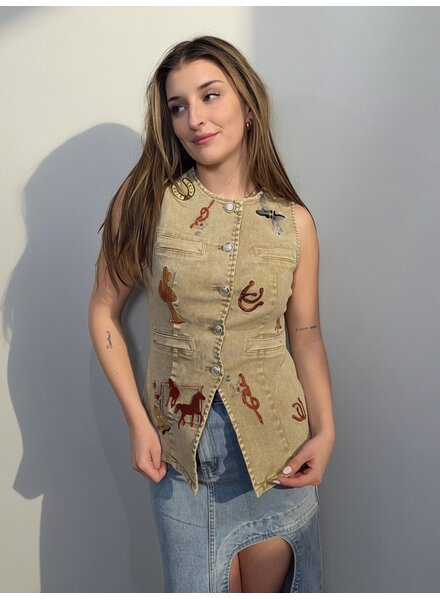 Western Motif Embroidery Denim Vest | Taupe