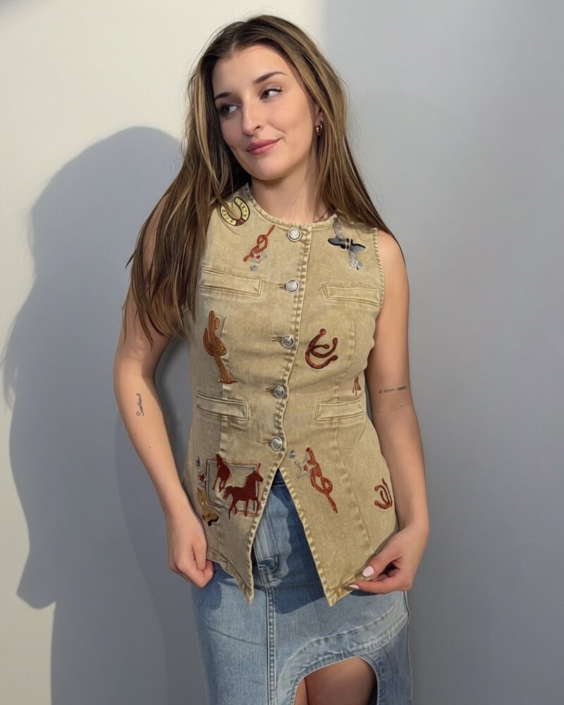 Western Motif Embroidery Denim Vest | Taupe