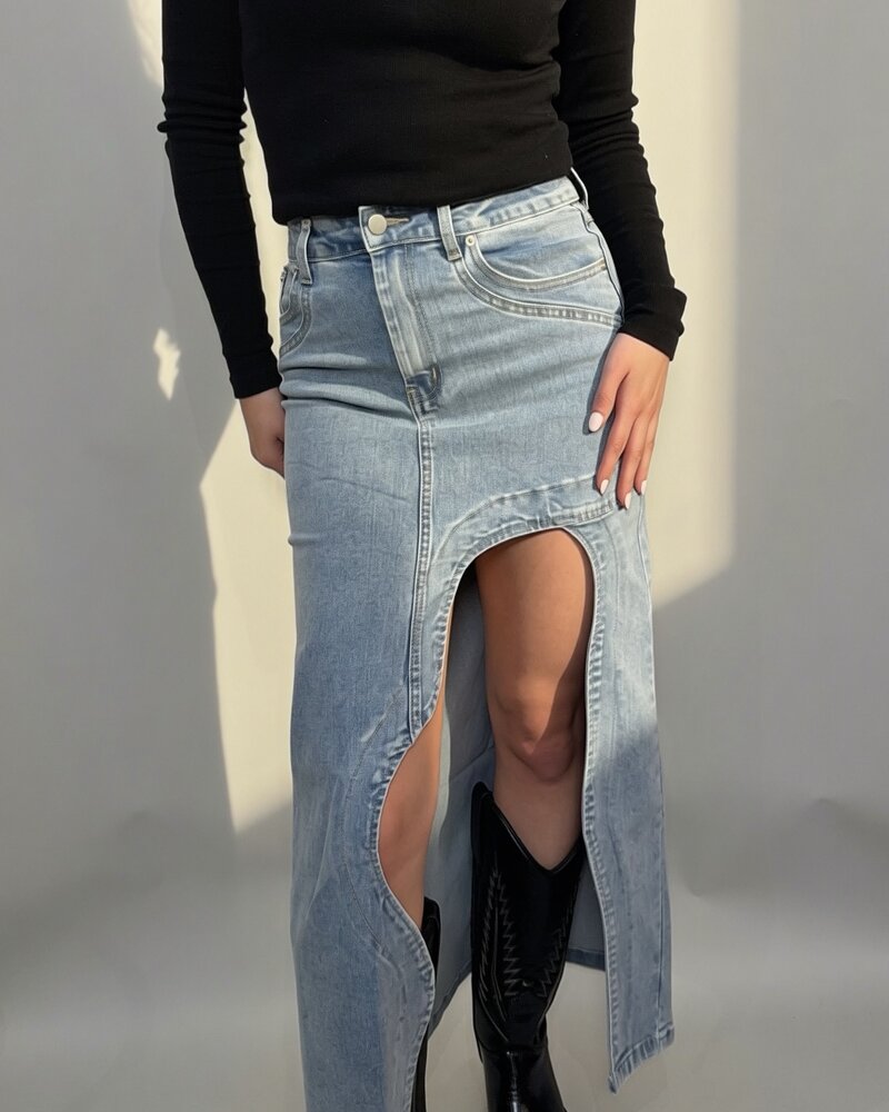 Wave Cutout Denim Midi Skirt