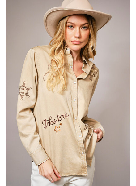 Western Embroidered Snap Button Shirt | Taupe
