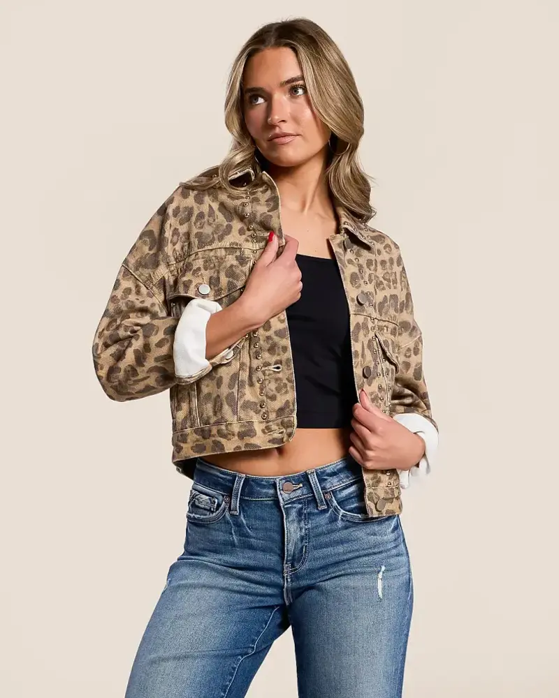 Studded Cheetah Denim Jacket