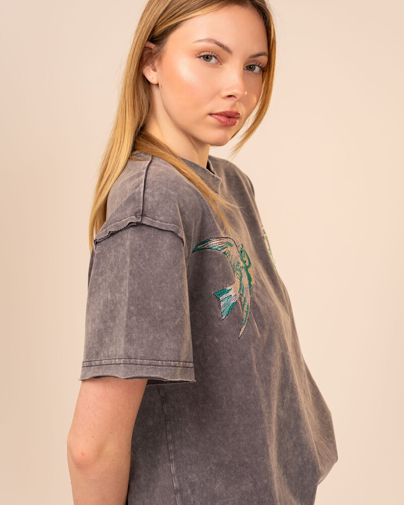 Bird Embroidered Mineral Wash Tee