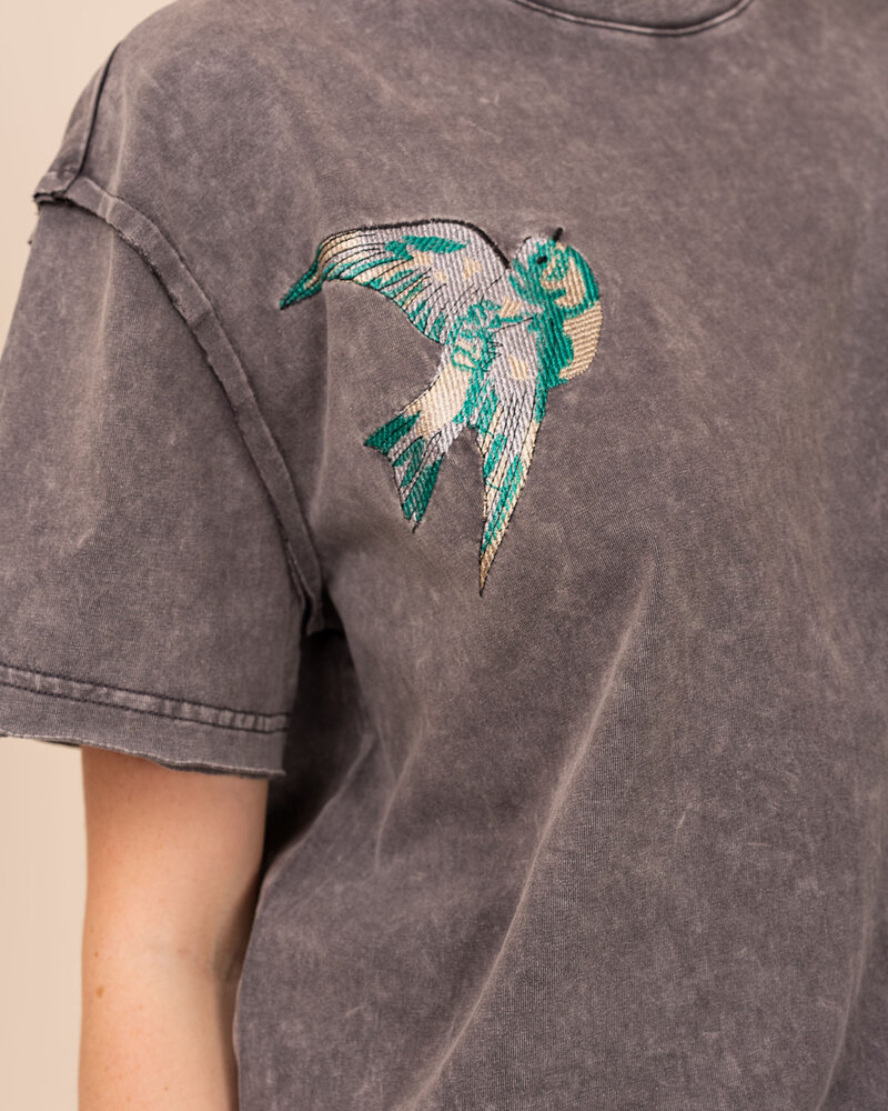 Bird Embroidered Mineral Wash Tee