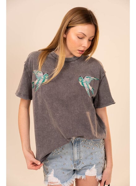 Bird Embroidered Mineral Wash Tee