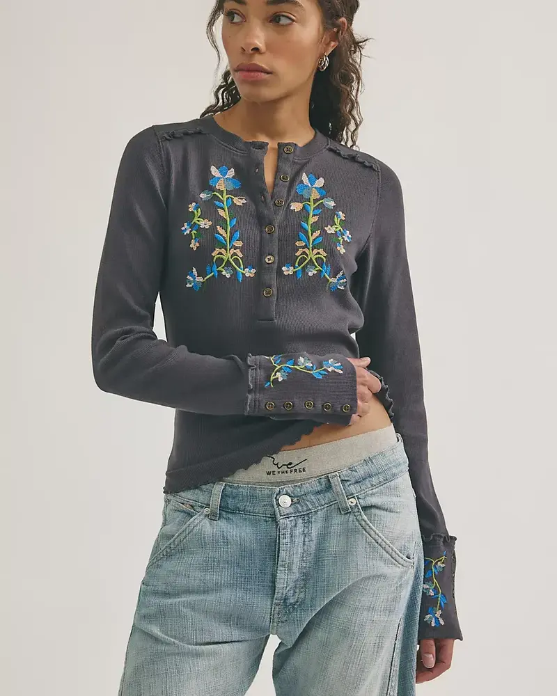 Free People Fleur Embroidered Cuff Henley