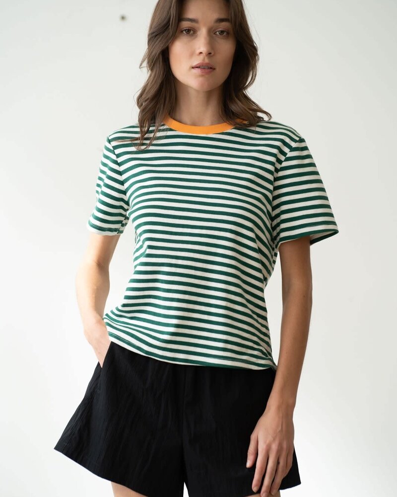 Soft Crew Neck Striped Tee | Green