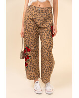 Rose Embroidered Leopard Barrel Jeans