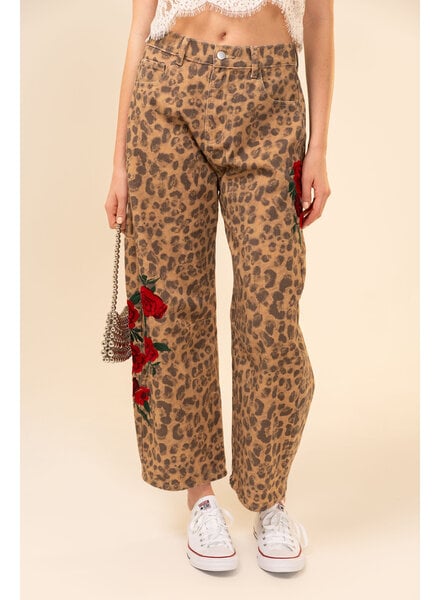 Rose Embroidered Leopard Barrel Jeans