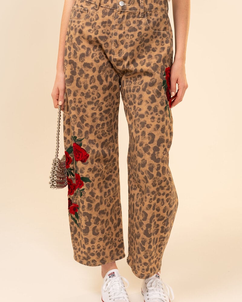 Rose Embroidered Leopard Barrel Jeans