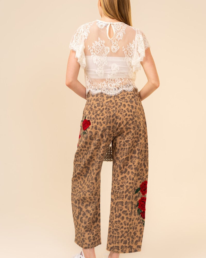 Rose Embroidered Leopard Barrel Jeans