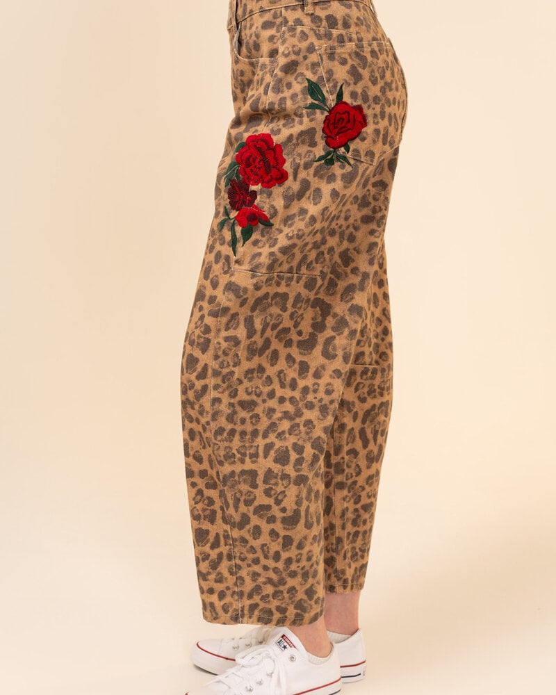 Rose Embroidered Leopard Barrel Jeans