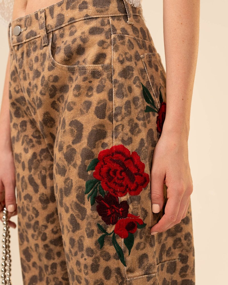 Rose Embroidered Leopard Barrel Jeans