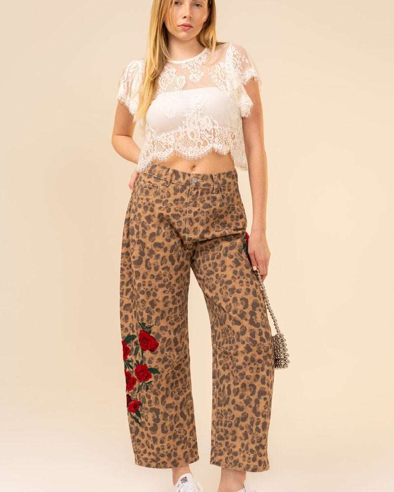 Rose Embroidered Leopard Barrel Jeans