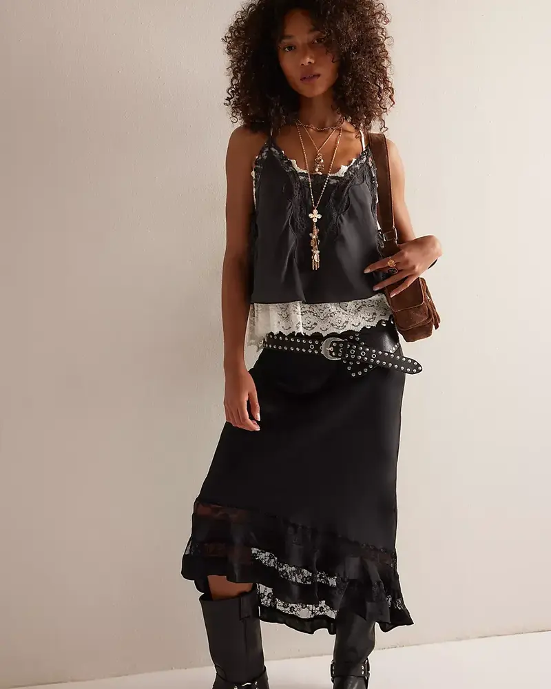 Free People Long Lost Lover Maxi Slip Skirt | Black