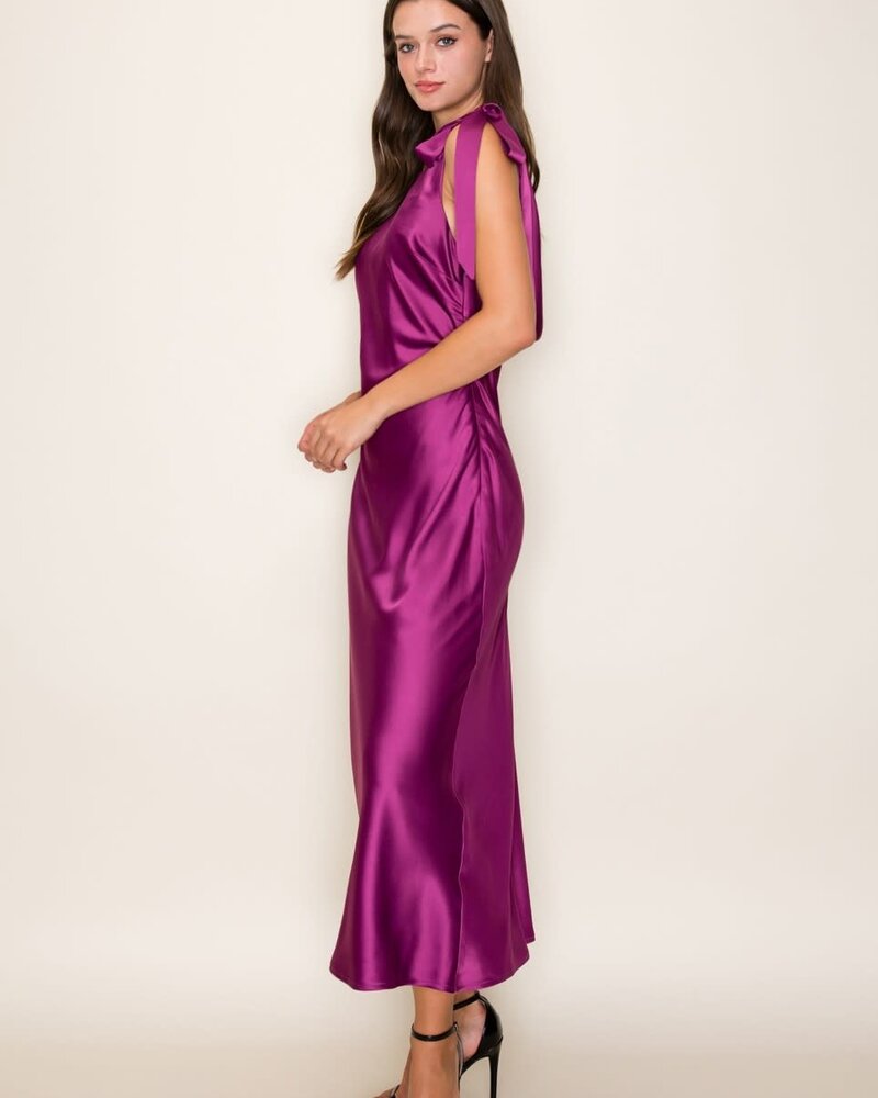 Camilia Solid Satin Midi Dress | Purple
