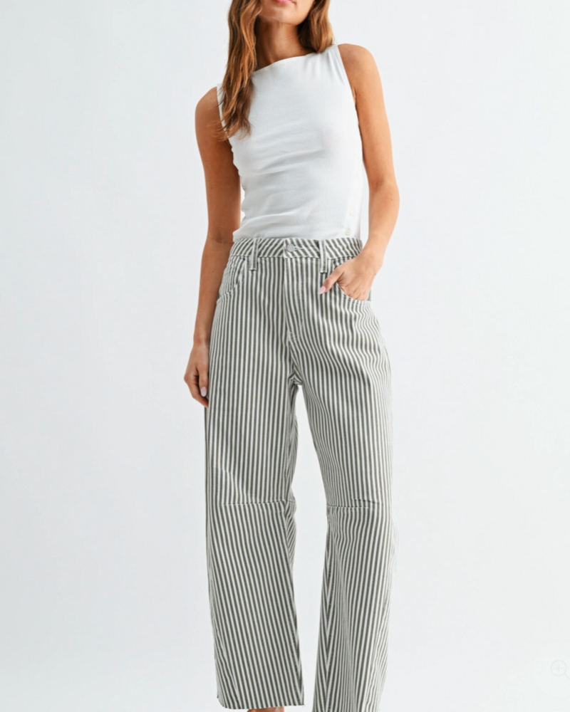 Just Black Denim Raw Hem Barrel Jean | Olive Stripe