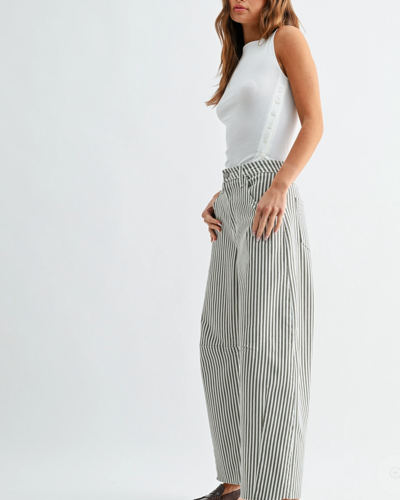 Just Black Denim Raw Hem Barrel Jean | Olive Stripe